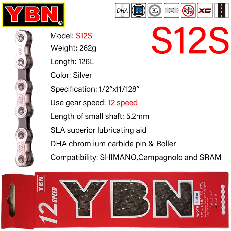 YBN – chaînes de vélo, 11 vitesses, ajouré, 116 maillons, argent S11S S12S pour M7000 XT