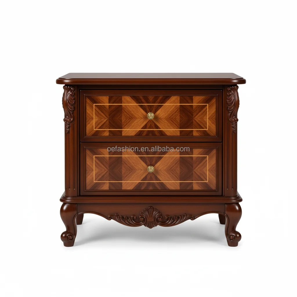 OE-FASHION Luxury Antique Hand Carved Solid Wood Nightstand Marquetry Veneer 2 Drawer Bedside Table For Hotel Villa