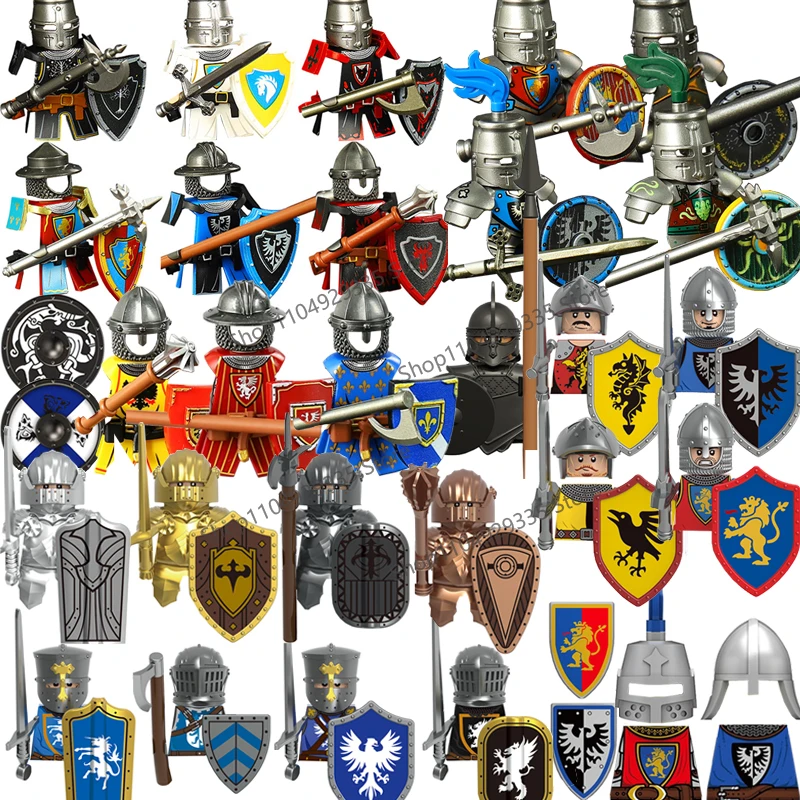 Bloques de Construcción de Soldados Medievales T3631-3636, Figuras de Caballeros del Rey León Rojo de Inglaterra y Francia, Juguete de Regalo con Escudos, Lanzas y Armaduras de Caballería