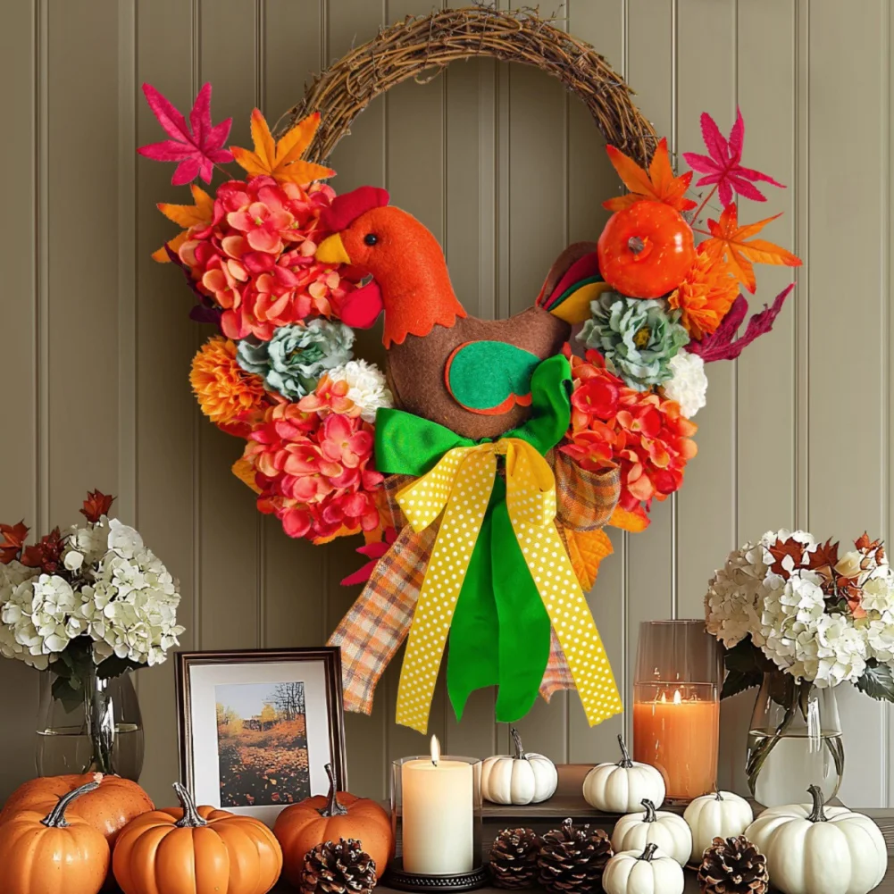 Muñecos de pollito, ramas de hortensias, coronas para puerta delantera, puerta de otoño, decoración de corona de calabaza, decoraciones artificiales para interiores