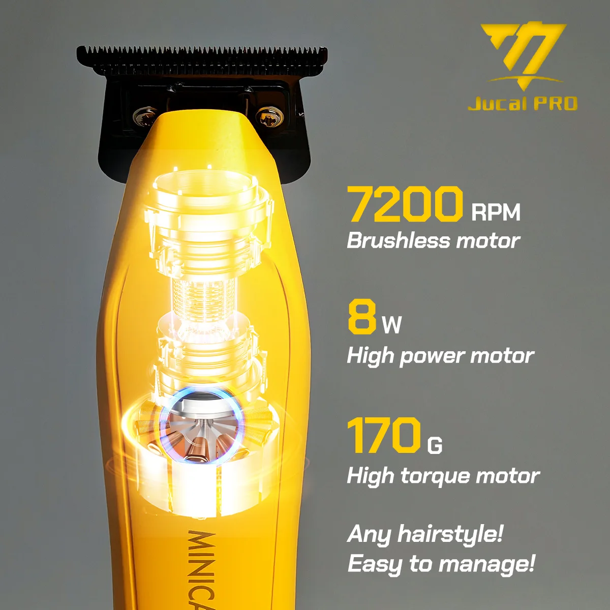 JUCAI JC-06/JC-08 مشابك شعر صفراء احترافية تتلاشى بليد 7200 دورة في الدقيقة محرك بدون فرشاة مع شاحن قاعدة آلة حلاقة 3200mhA
