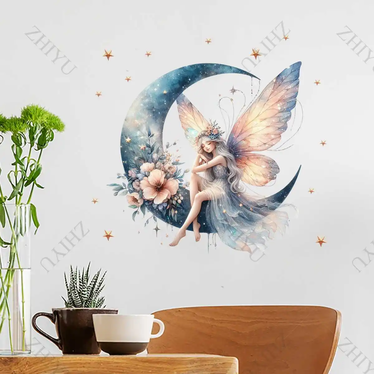 ZHIYU كارتون ذاتية اللصق خلفية الأزرق التدرج فراشة قزم الجلوس على زهرة القمر مع نجمة الجدار ملصق الديكور غرفة نوم #5