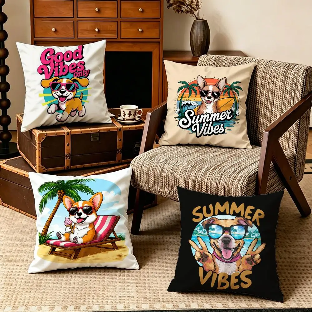Housse de coussin tendance chiot avec motif lunettes de soleil d'été, en velours doux, lot de 4 pièces, 50x50 45x45, taie d'oreiller zippée pour la décoration intérieure