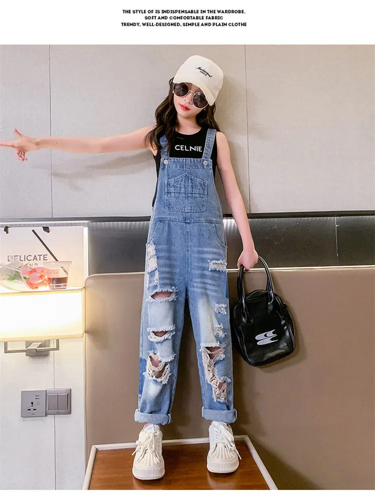 Cooler Overall mit Löchern für Mädchen, Sommermode, zerrissene Jeans-Latzhose, Kinder-Streetwear, abgenutztes Kostüm, 4 5 6 8 9 10 12 14 Jahre – Detail 6