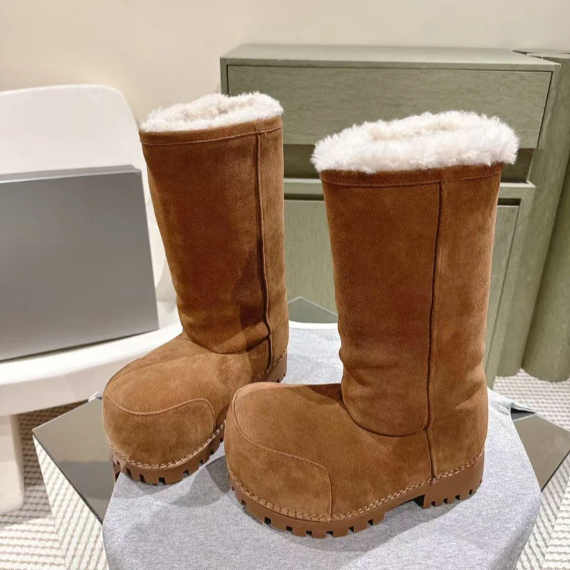 Cute Super Warm Thick-soled Snow Boots Brown Brand Luxury Thigh-length Round Bread Boots High-top Warm Cotton Women Boots