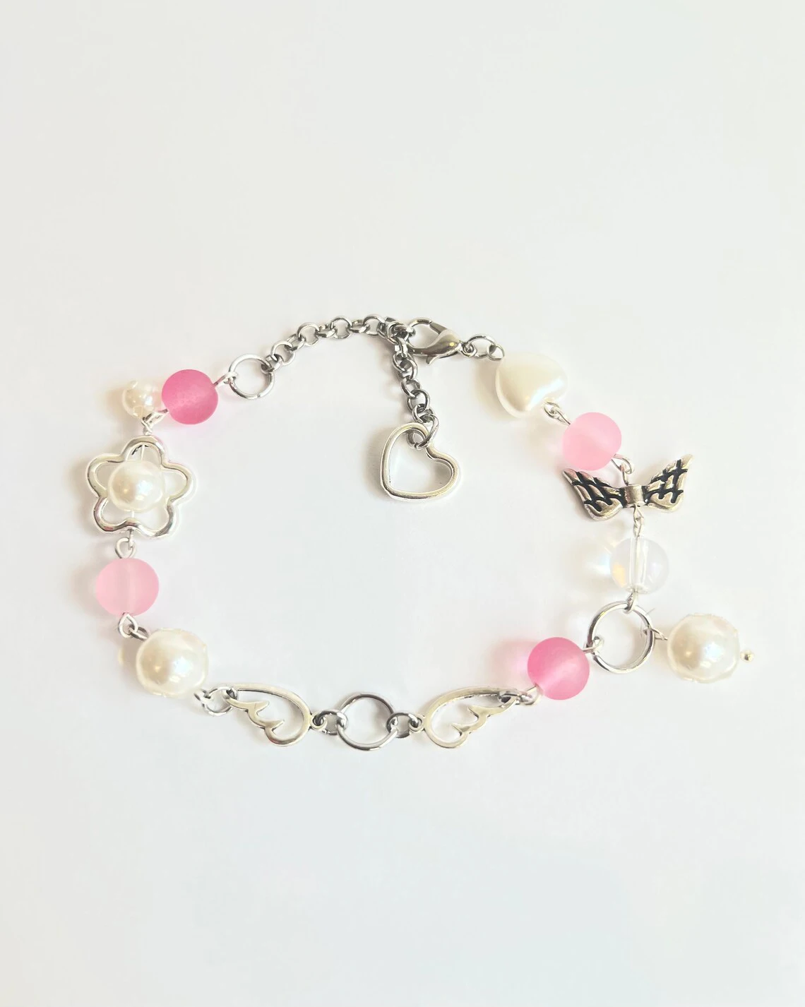 Handmade Pink Coquette Angel Charm Bracelet | Y2K Fairy Heart Bracelet