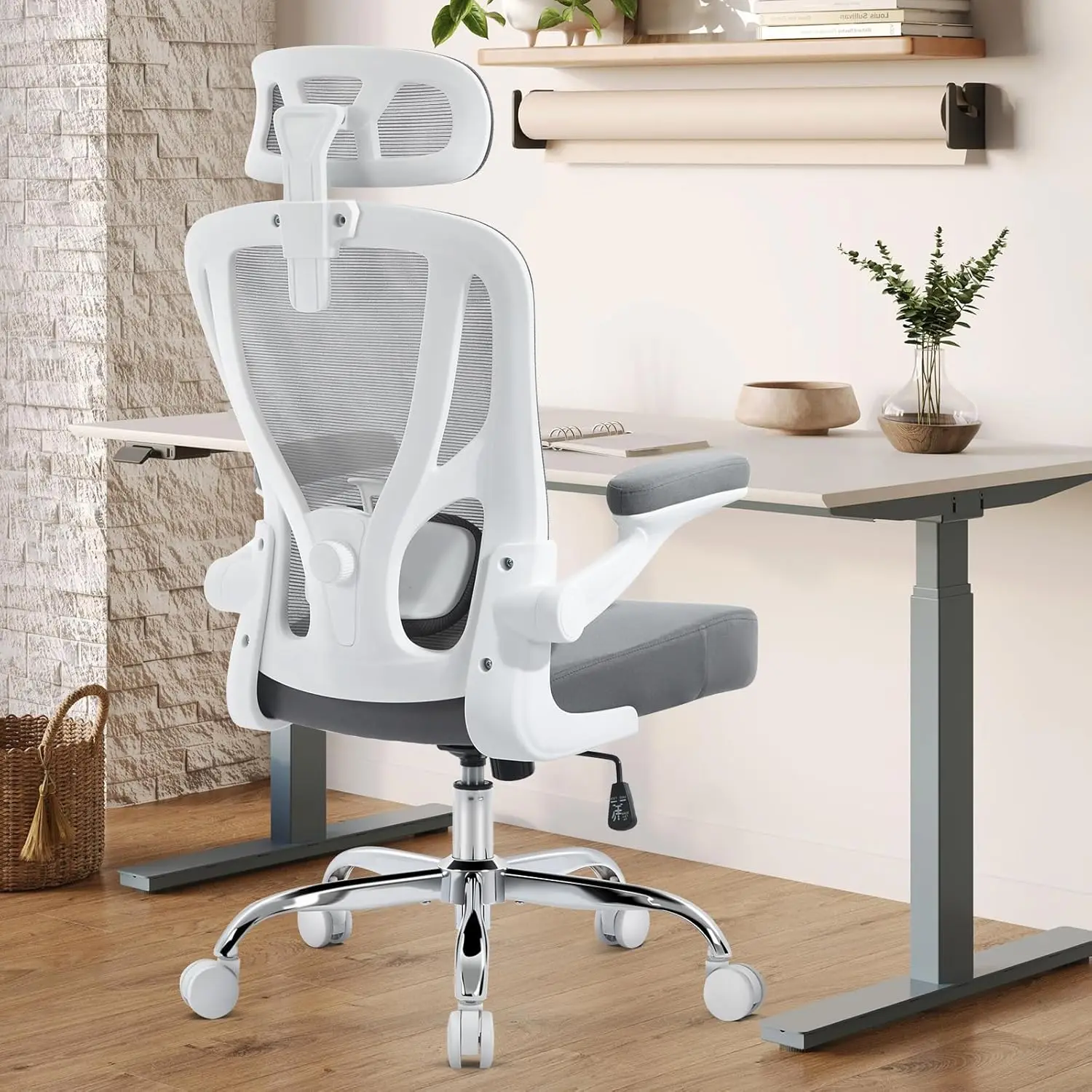 Grey Mesh Office Chair with Lumbar & Head Support, Rocking Function, FILP-up Armrests for Home and Office