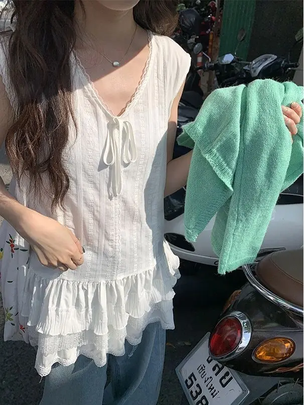 

Lace Ruffle Sleeveless Women Vest Long T-shirts White 100% Cotton 2025 Japanese Style Y2K Ladies Summer Beach Layered Tops Camis