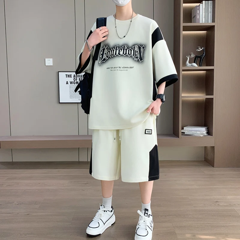 

Ice Silk Summer Thin ort Sve T-irt Set for Men Youthful And Haome Polyester Fiber Five-Quarter Pants Casual Sportswear
