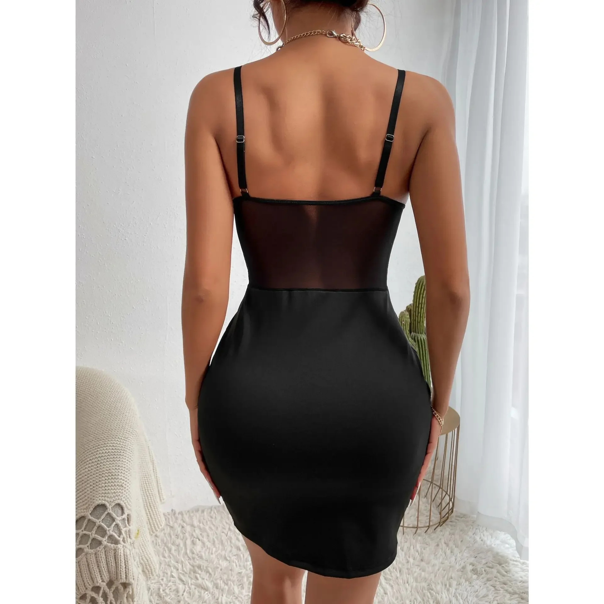 Y2K Sexy Club Party Hollowing Mesh See Through Slim Dress,Women Nightclub Wear Fishbone Halter V Neck Sheer Package Hip Skirt