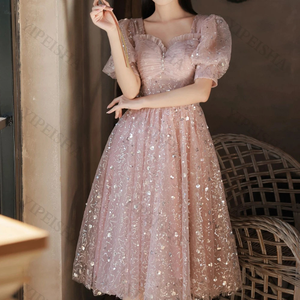 Customized Sweet A-Line Prom Gown V-Neck Short Sleeve Beading Sequin Lace Tea-Length Evning Dress Tulle Princess Es Campus Party