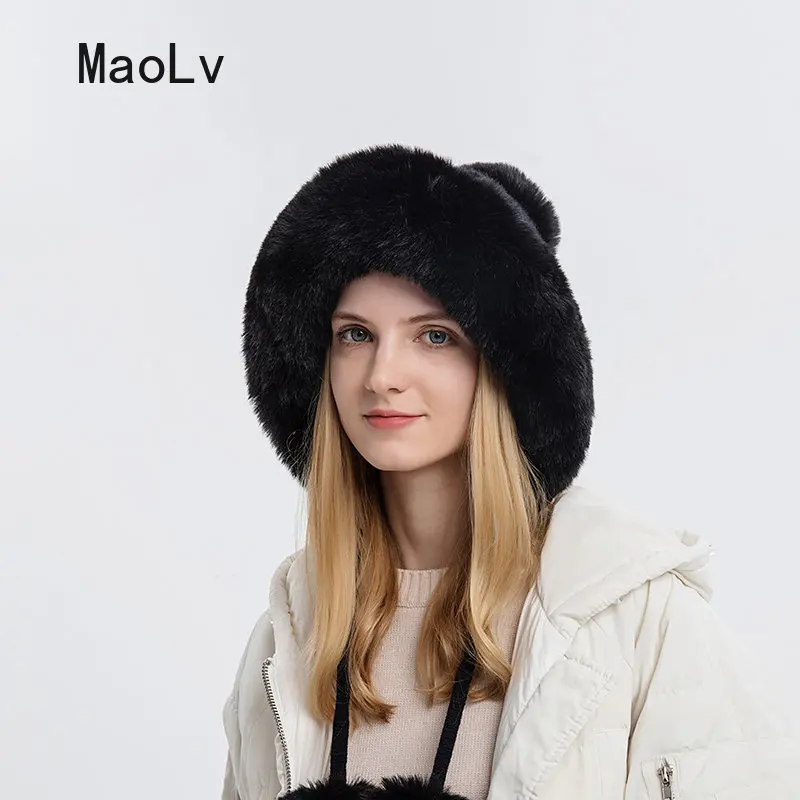 Winter Fluffy Fur Kintted Cap for Women Russian Lady Soft Warm Ear Protection Hats Female Outdoor Plush Coldproof Ball Beanies