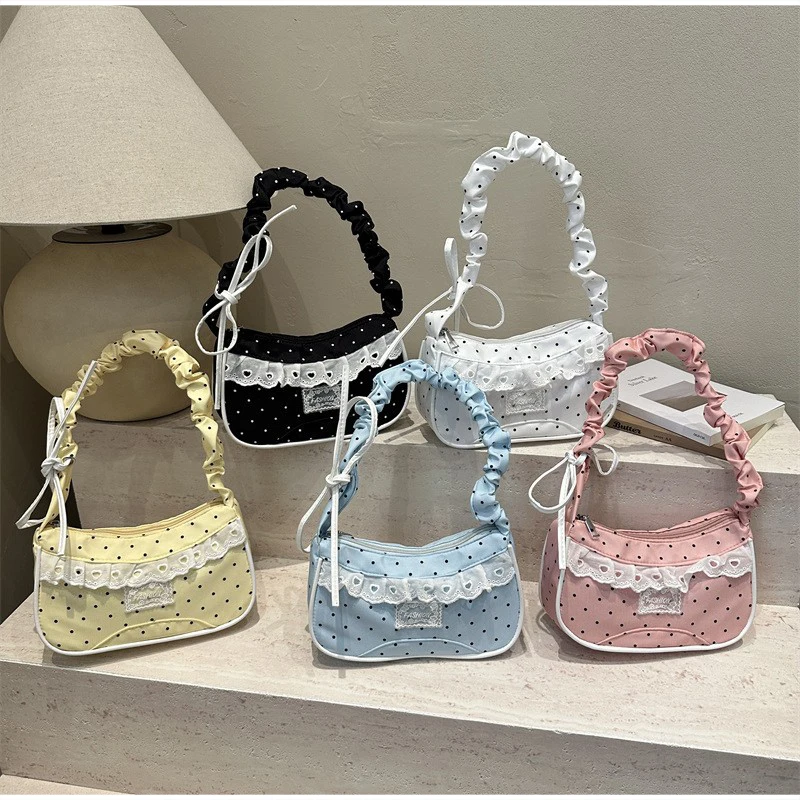 Gepunktete Spitzen-Rüschen-Unterarmtasche Süße Kleine Schultertasche mit Gerafftem Griff Hobo-Handtasche Damen Y2k Mini Quadratische Reißverschluss-Handtasche mit Schleife – Detail 12