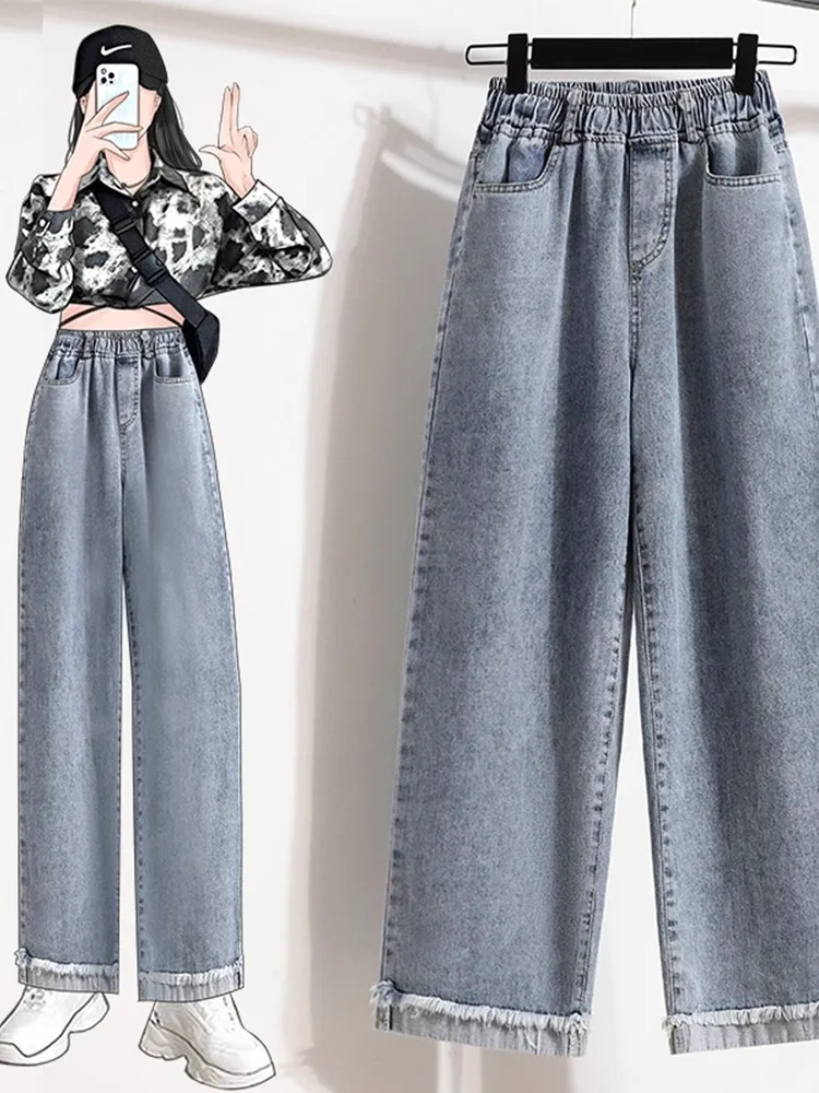 

Большие размеры, высокая талия, эластичная талия, широкие джинсы, женские свободные посадки для похудения, большие размеры, весенне-осенние прямые джинсы