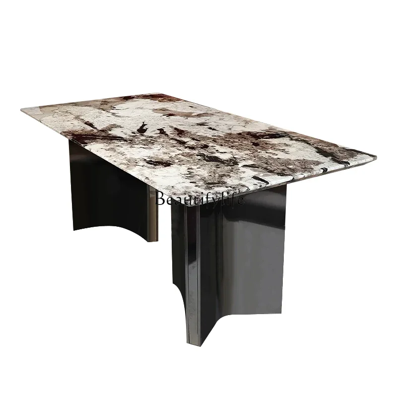 Golden Peacock Natural Marble Dining Table Light Luxury High-end Rectangle Luxury Stone Dining Table