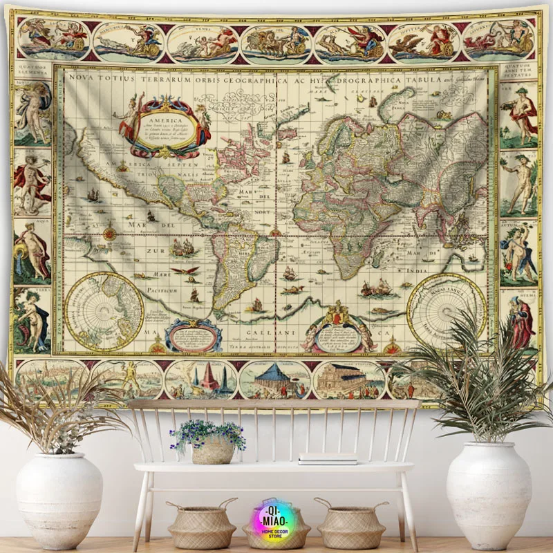 World Map Tapestry Medieval Wall Hanging Kawaii Home Decoration Boho Room Decor Vintage Goth Myth Large Fabric Wall Tapestry Art