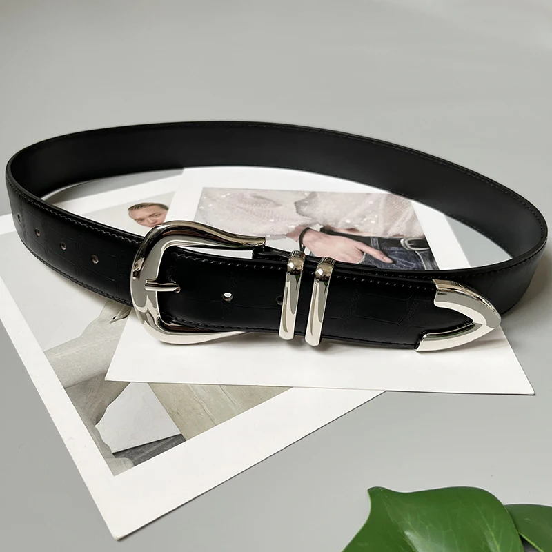 Stone Patten Genuine Leather Silver Buckle PIn Women Men Jeans Belts High Quality Black PUnk Casual Adult Cowhide Ceinture Belts