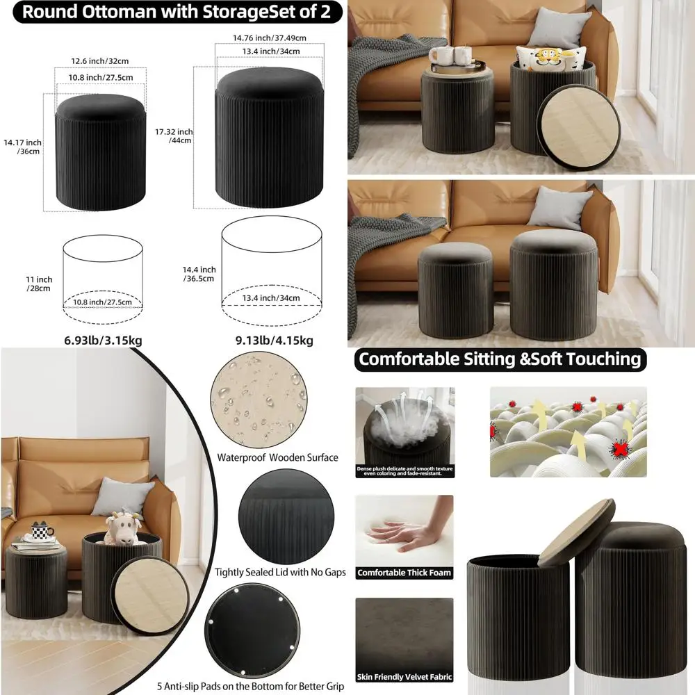 

Pair of Black Velvet Storage Ottomans with Upholstery, Ideal for Makeup Vanity and Living Room Footrest