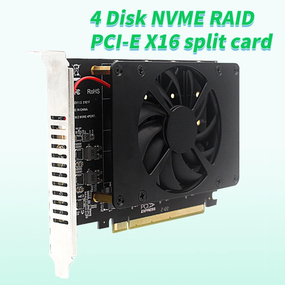 

Pcie 4.0 3.0 X16 NVMe 4-Disk SSD RAID Card M.2 M Key Motherboard PCI-e 16x Array Expansion Adapter Split Card with Cooling Fan