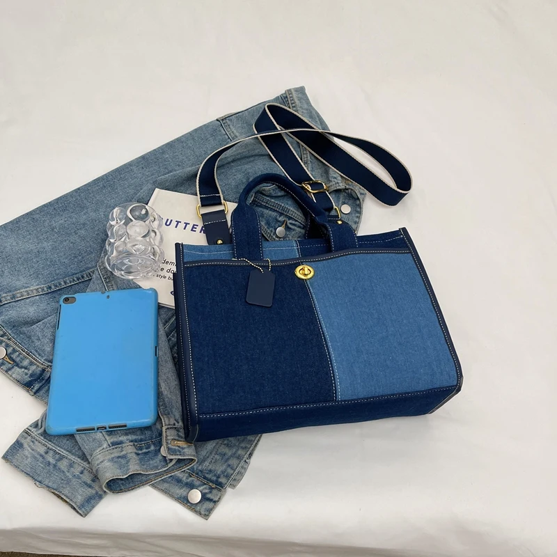 Large capacity handbag for women in 2024, new fashionable patchwork denim work and commuting bag, broadband crossbody tote bag