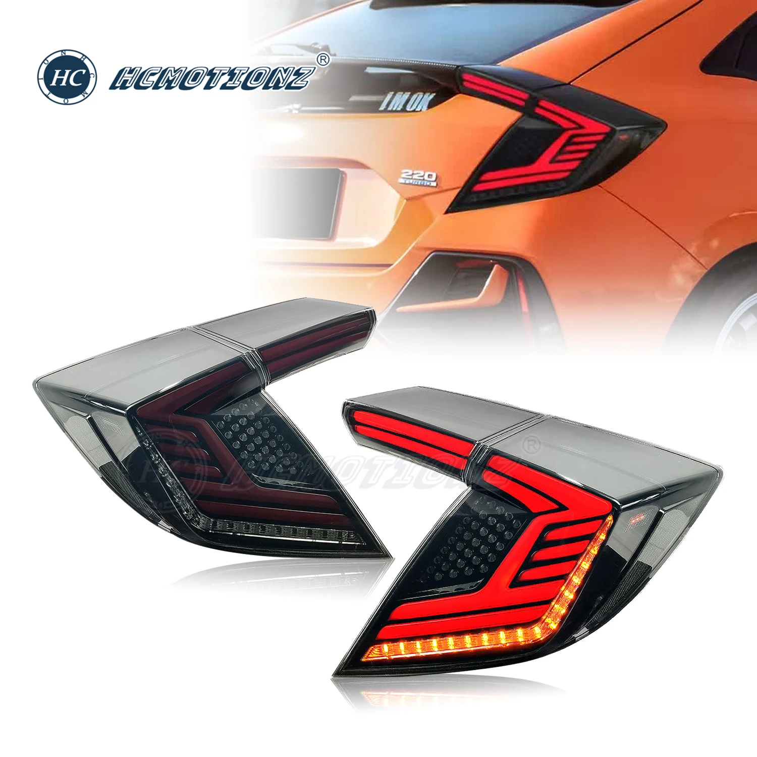 HCMOTIONZ Taillights for Honda Civic Hatchback 2017-2021 LED Car Rear Lamps DRL Start UP Animation Back Lights Assembly