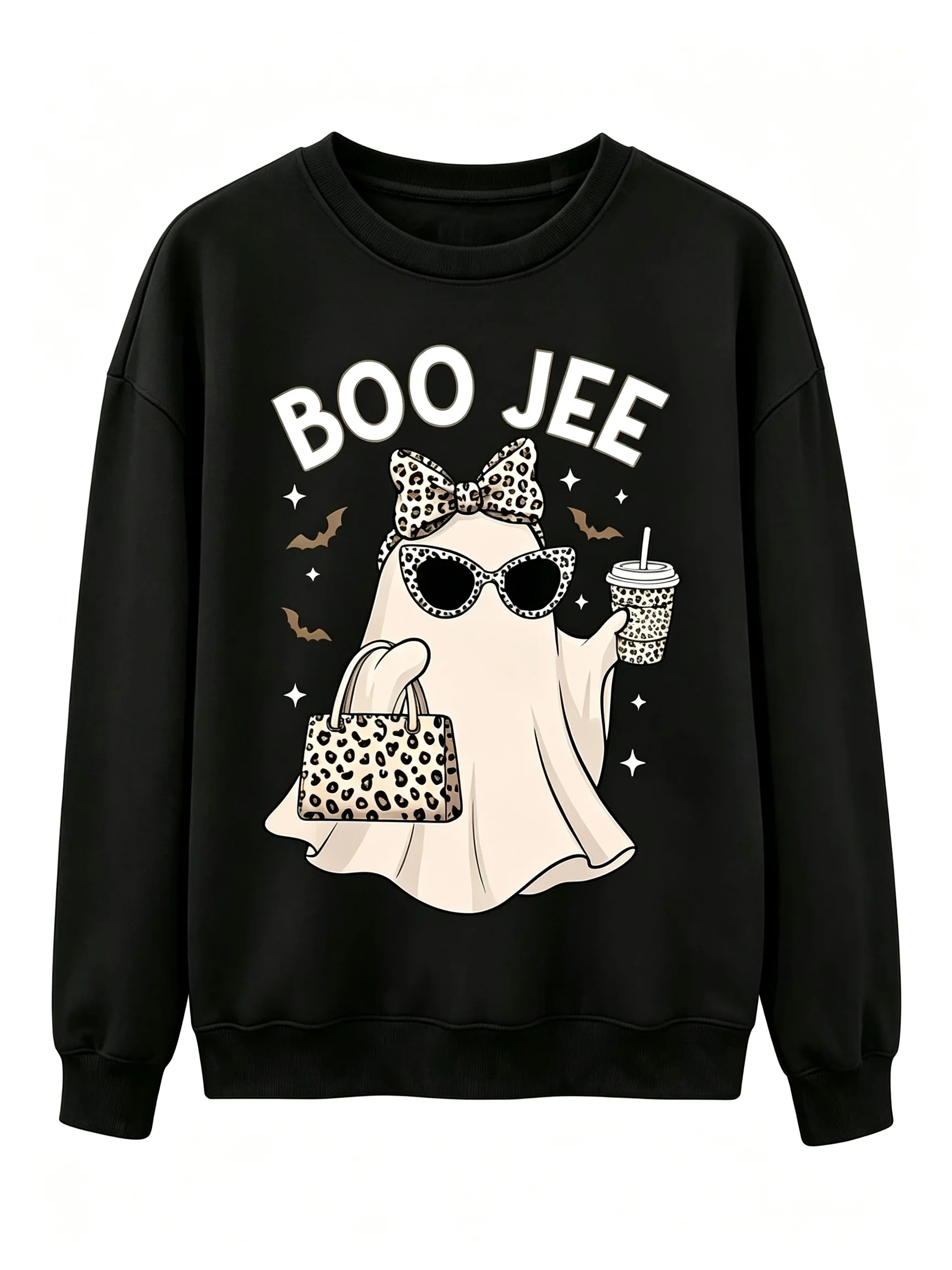 Women Crew Neck Sweatshirt Boo Jee Ghost Leopard Bow Sunglasses Coffee Cup Graphic Pullover Casual Halloween Long Sleeve Tops