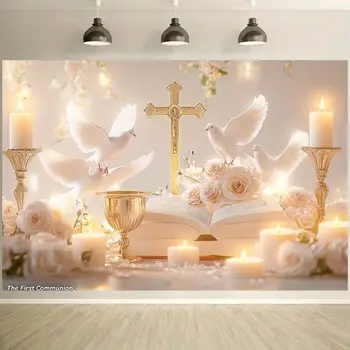 優雅的初領聖體儀式,配上白鴿、玫瑰、十字架、金聖杯和閃亮蠟燭-神父 8 最佳銷售 初領聖體 - №6