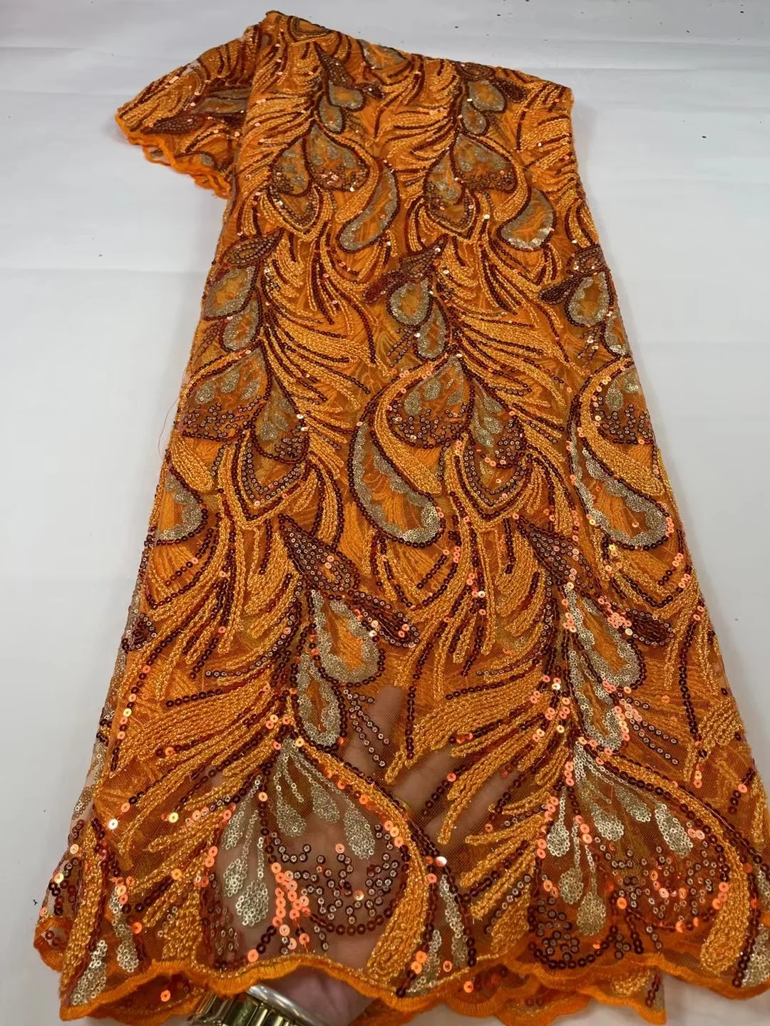 

African Lace Fabric 2022 High Quality French Orange Guipure Cord Lace Sequin Mesh Fabric Nigerian For Women Evening Daily Dress