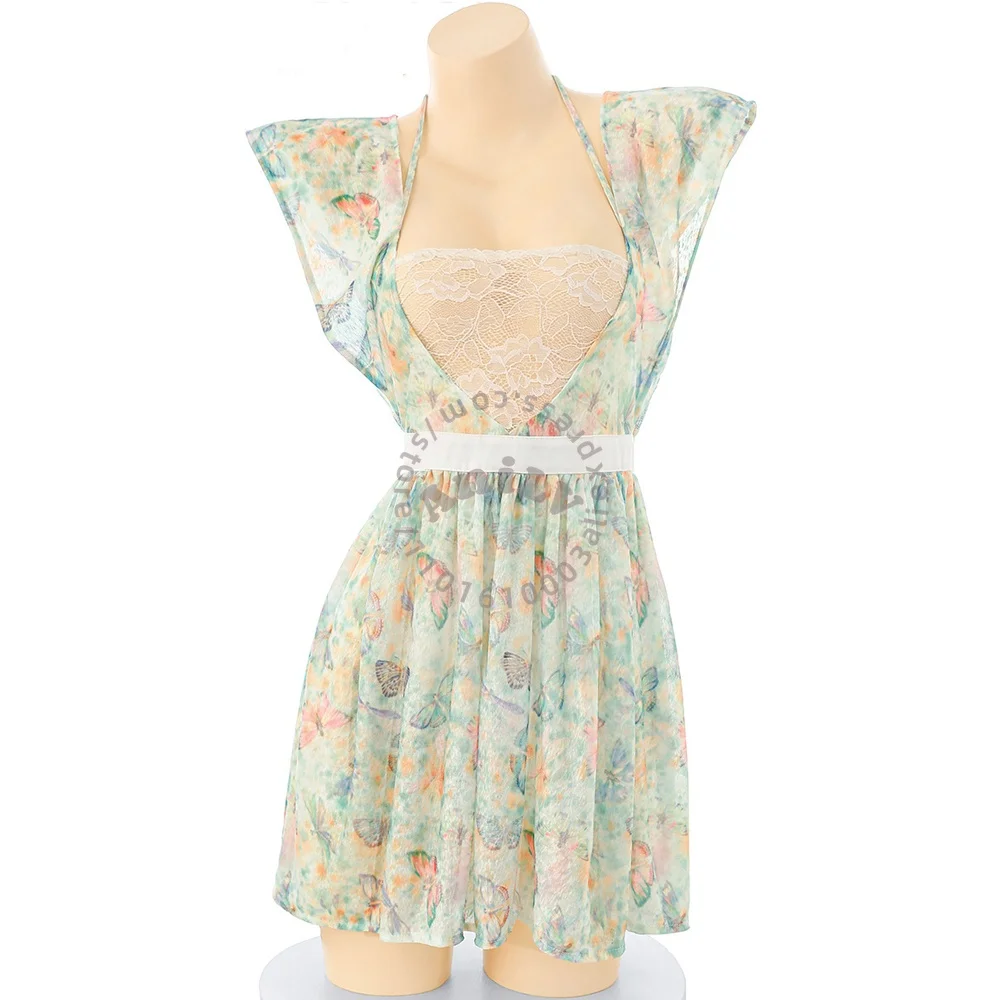 

AniLV Anime Girl Butterfly Print Lace Chiffon Apron Uniform Summer Beach Party Dress Outfits Cosplay Costumes