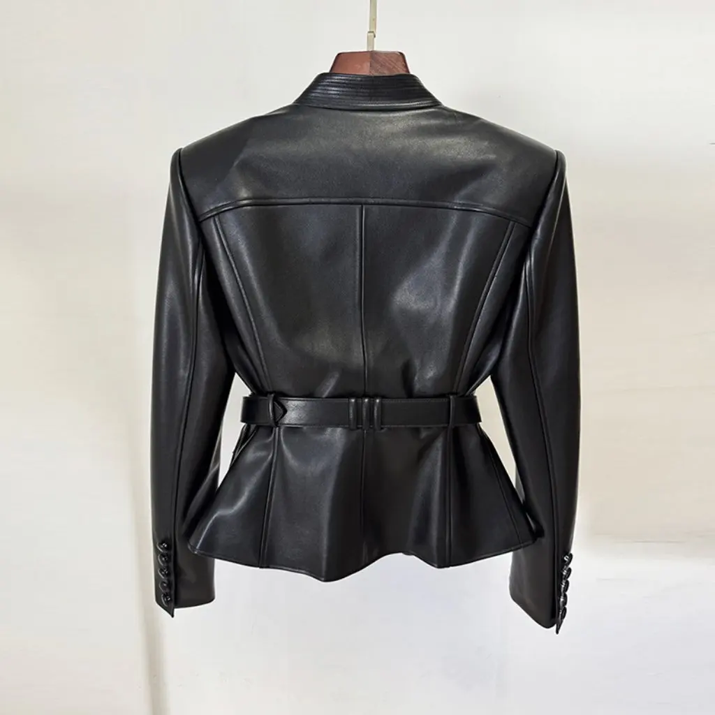 

Belted Slim Leather Jacket for Women Early Autumn Fashion European And American Style in Stock Celebrity Inspired