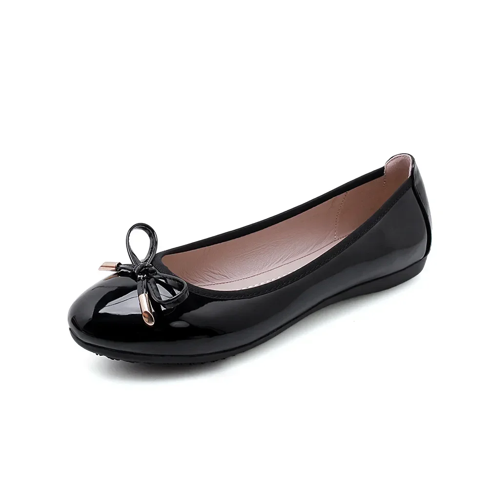 Ladies Single Shoes Bowtie Flats Patent Leather Loafers Women Round Toe Roll-Up Shoes Woman Bridesmaid Flats 2024