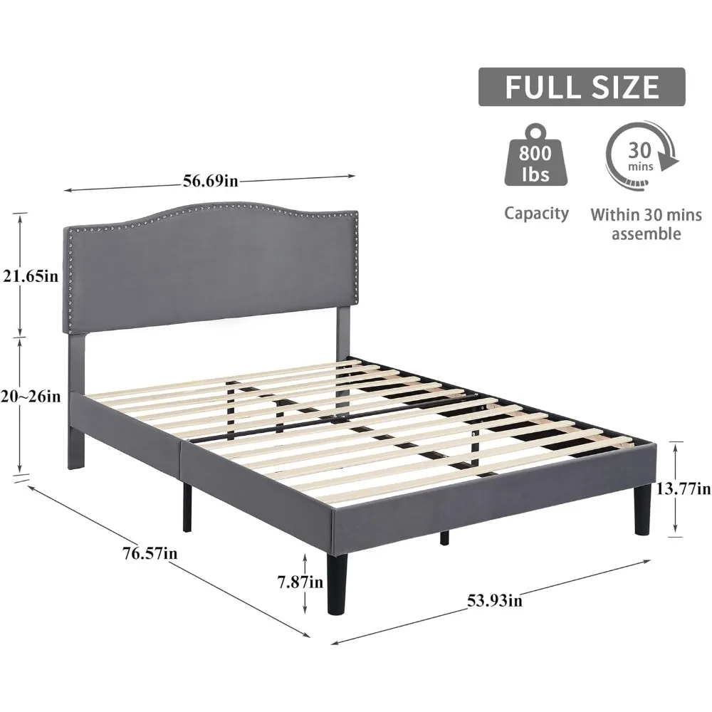 

Full Bed Frame Platform Bed Frame w Upholstered Headboard,Frame and Heavy-Duty Slats Support,NonSlip and NoiseFree,Easy Assembly