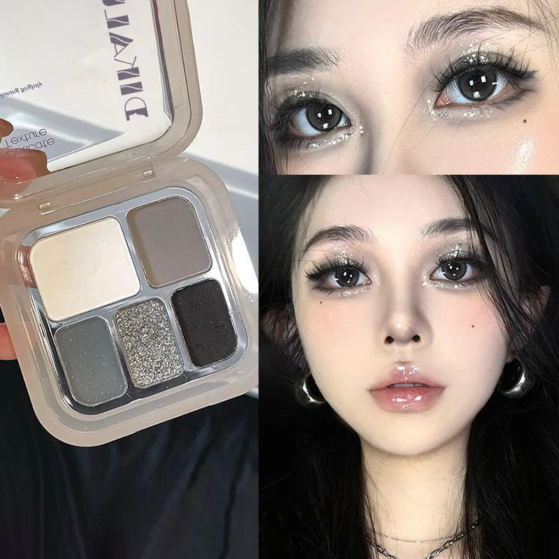 Black White Cement Gray Eyeshadow Palette 5 Pan  Punk Smokey Small Portable for Daily Ins Makeup