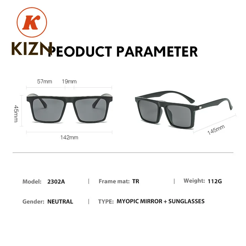 KIZN 스포츠 근시 편광 자석 선글라스 남녀 클립온 안경 사각 광학 안경 6 in 1 안경테 -0.5 ~