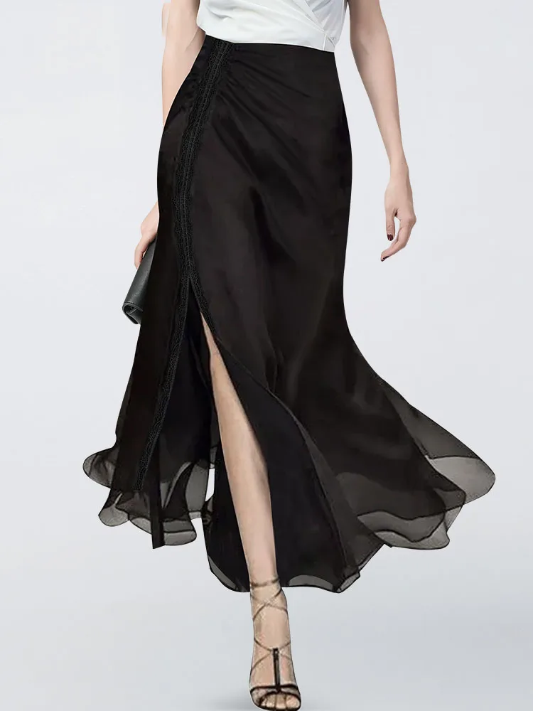 High End Black Fashionable A-line Chiffon Skirt For Women Summer Trendy High Waisted Slit and Flowing Female Loose Tulle Skirts