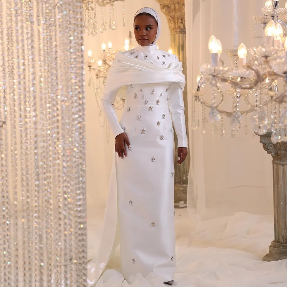 Customized Modern Style Charmeuse Rhinestone Pleat Straight High Collar Long Dresses Bespoke Occasion Dresses Fashion Matching