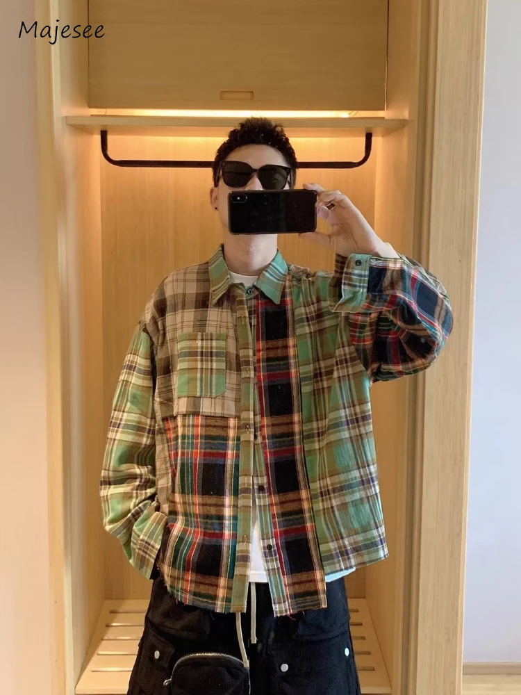 

Plaid Shirts Men American Style Vintage Chic Harajuku Long Sleeves All-match High Street Handsome Autumn Males Simple Fashion