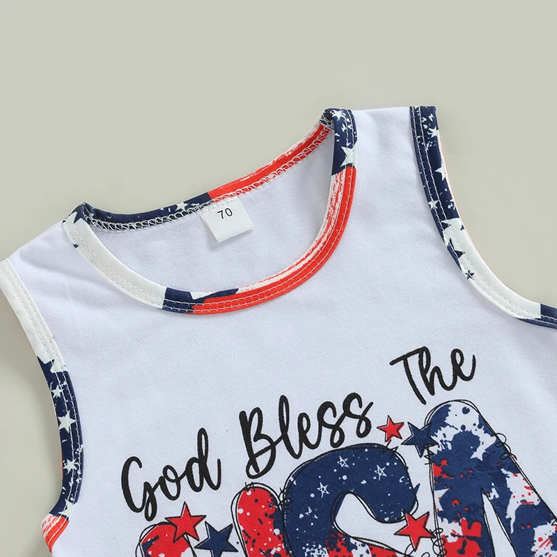 Toddler Boys 2-Piece Outfit American Flag Print Sleeveless Top with Striped Shorts Set for Fourth of July Celebration