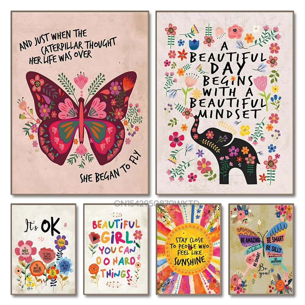 Butterfly Motivational Quotes Flowers Sunshine Mindset Poster Boho Nursery Wall Art Pictures Canvas Painting Girl Bedroom Decor