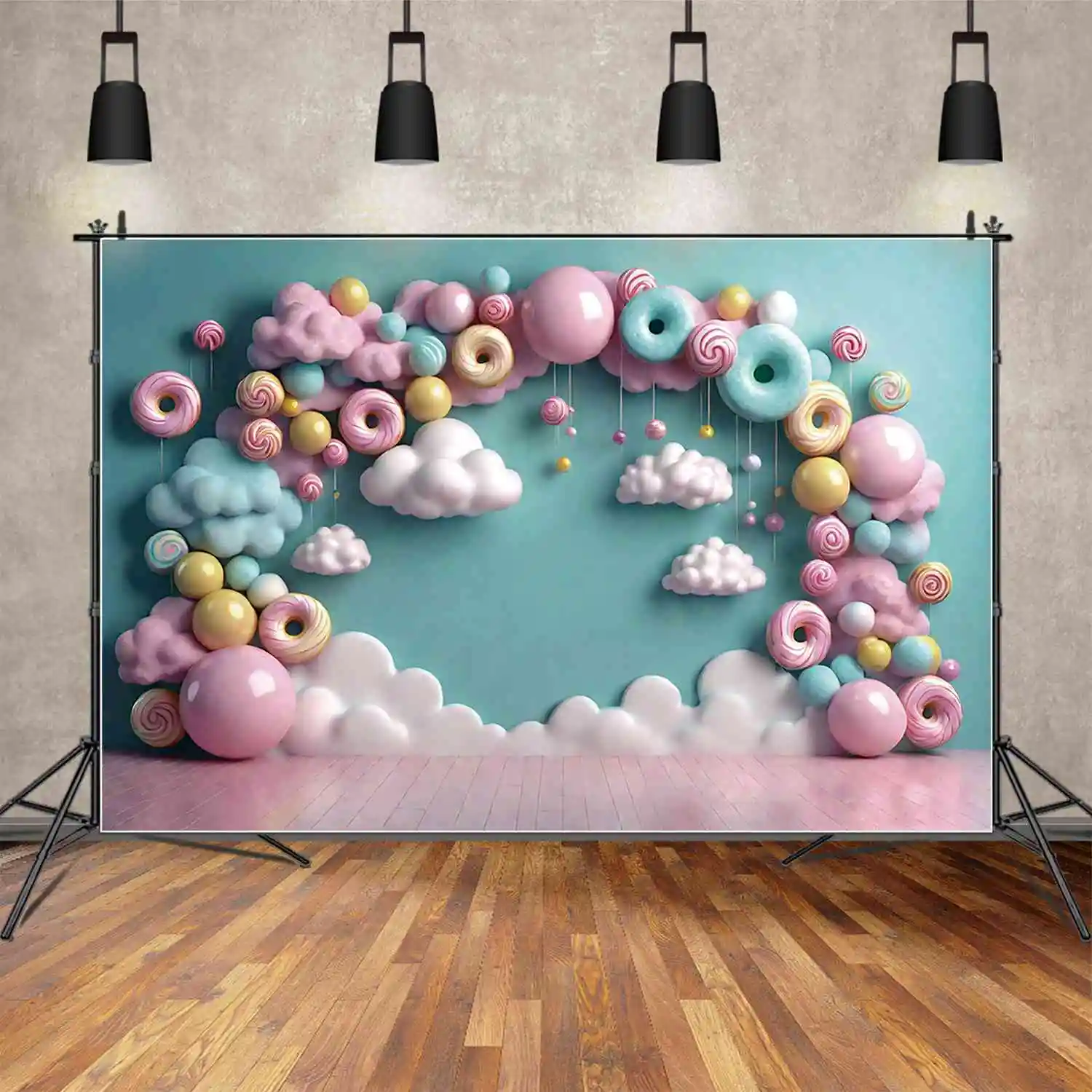 MOON.QG Fairy Candyland Birthday Backdrop Doughnut Cotton Candy Cloud Sky Background Party Decoration Photography Shooting Props