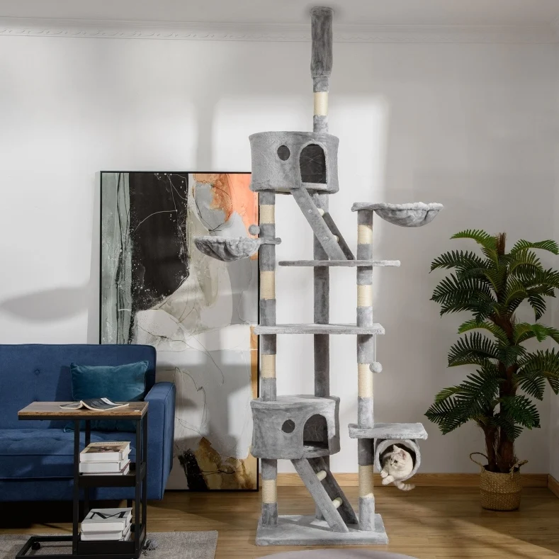 Grote kattenboom van plafond tot vloer 240-260 cm met sisal krabpalen, lichtgrijs