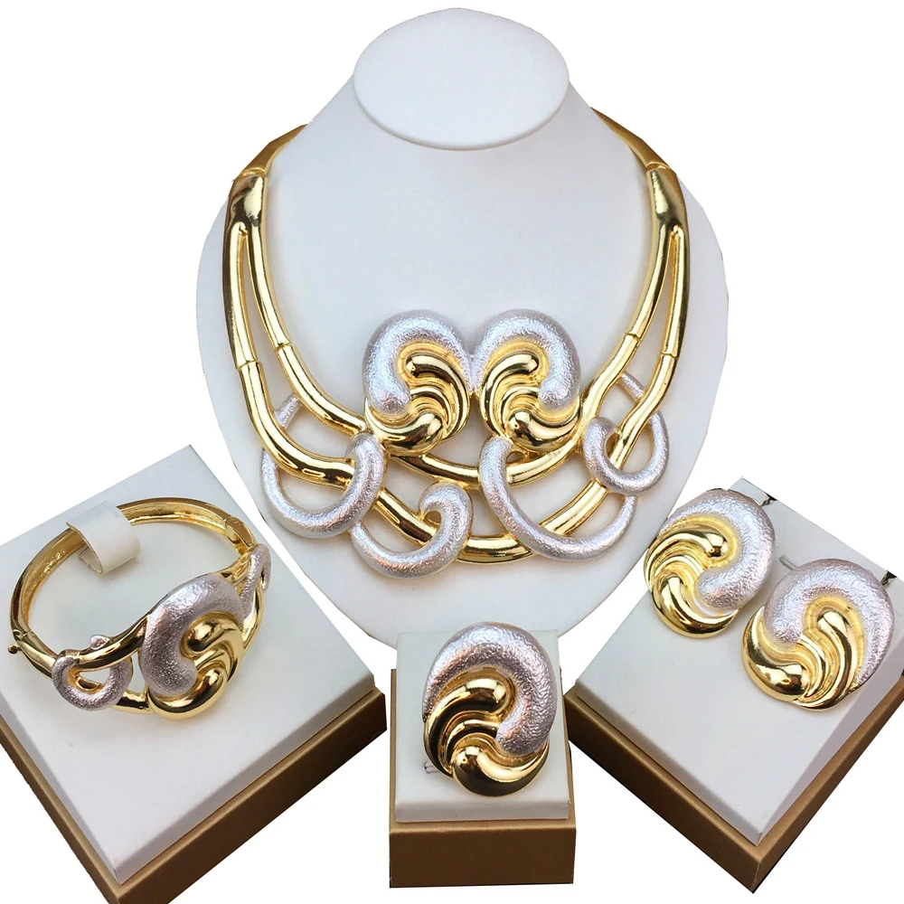 

Trendy Women Jewelry Set Italian Gold-Plated Necklace Earrings Bracelet Ring Sets Mama Birthday Gifts FHK18313