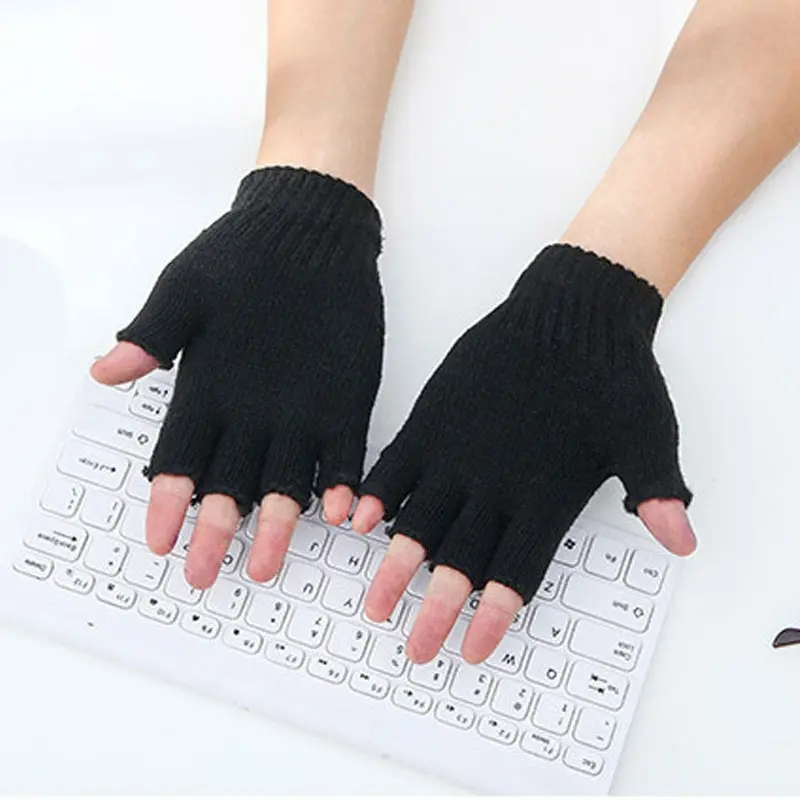 Noir hiver chaud pur noir tricoté laine demi doigt gants chauds