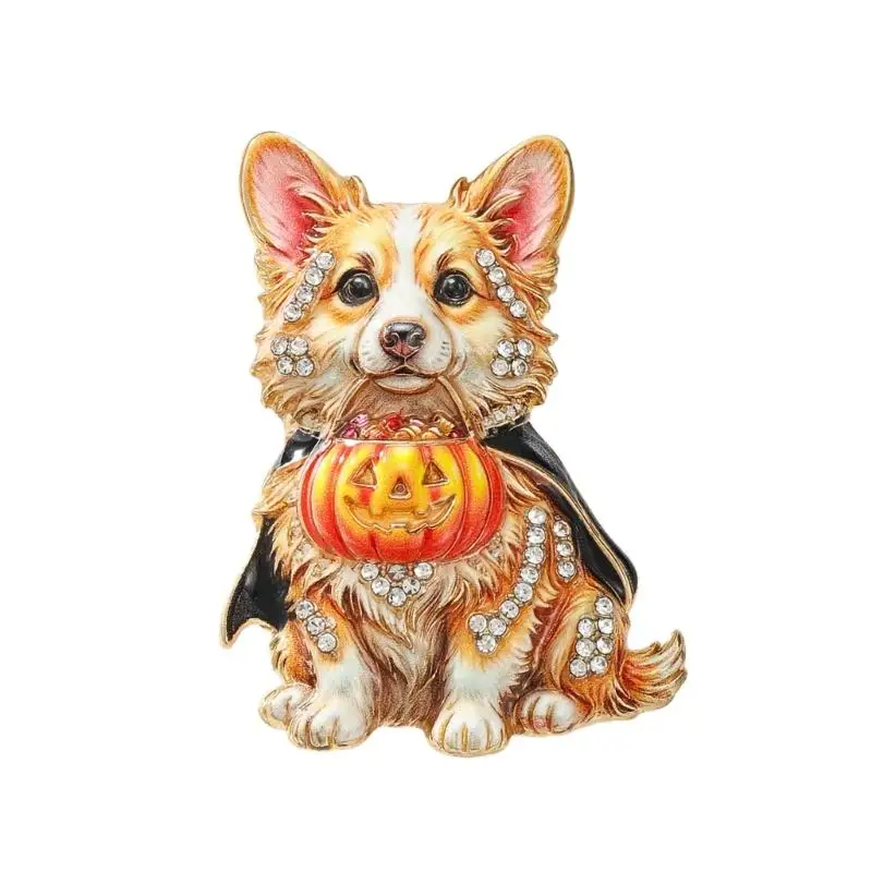 31BB Painted Alloy Corgi Brooch with Pumpkin Lantern Design, Festive Pin-On Lapel Pin for Blazers, Vests, and Canvas Bags