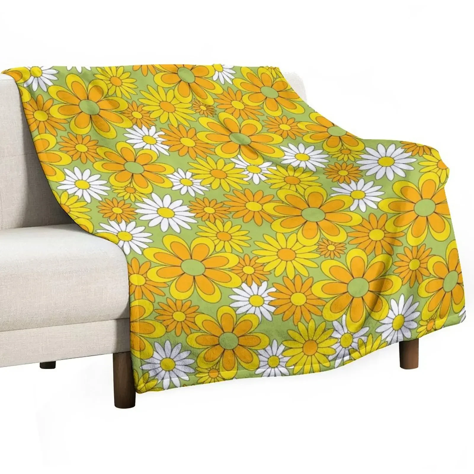 

70s Flower Power Green Orange Yellow Retro Daisy Throw Blanket Bed covers Beach Heavy Blankets