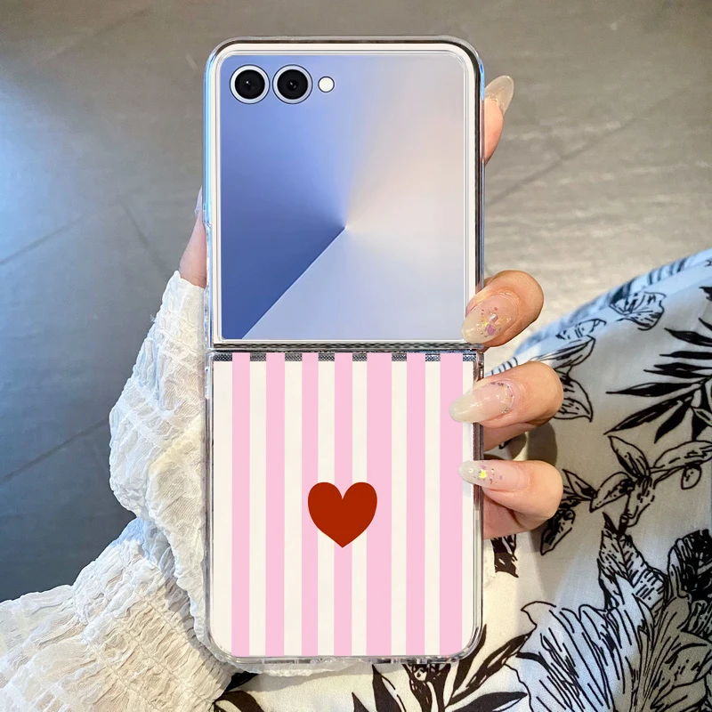 Stripe Love Heart Printed Phone Case For Samsung Galaxy Z Flip 8 7 FE 6 5 4 3 Transparent Hard Cover For Samsung Z Flip8 Flip7