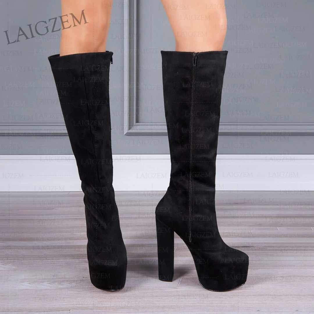 DOHBANER Women Knee Boots Platform Round Toe Faux Suede/ Leather Thick High Heels Zip Up Boots Shoes Woman Big Size 41 43 45 52