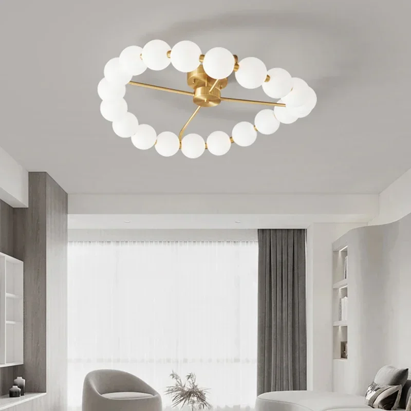 MandosBor Copper Ring LED Chandelier White Acrylic Ball Living Room Dining Room Hanging Lamp Changeable Dimming Gold Brass