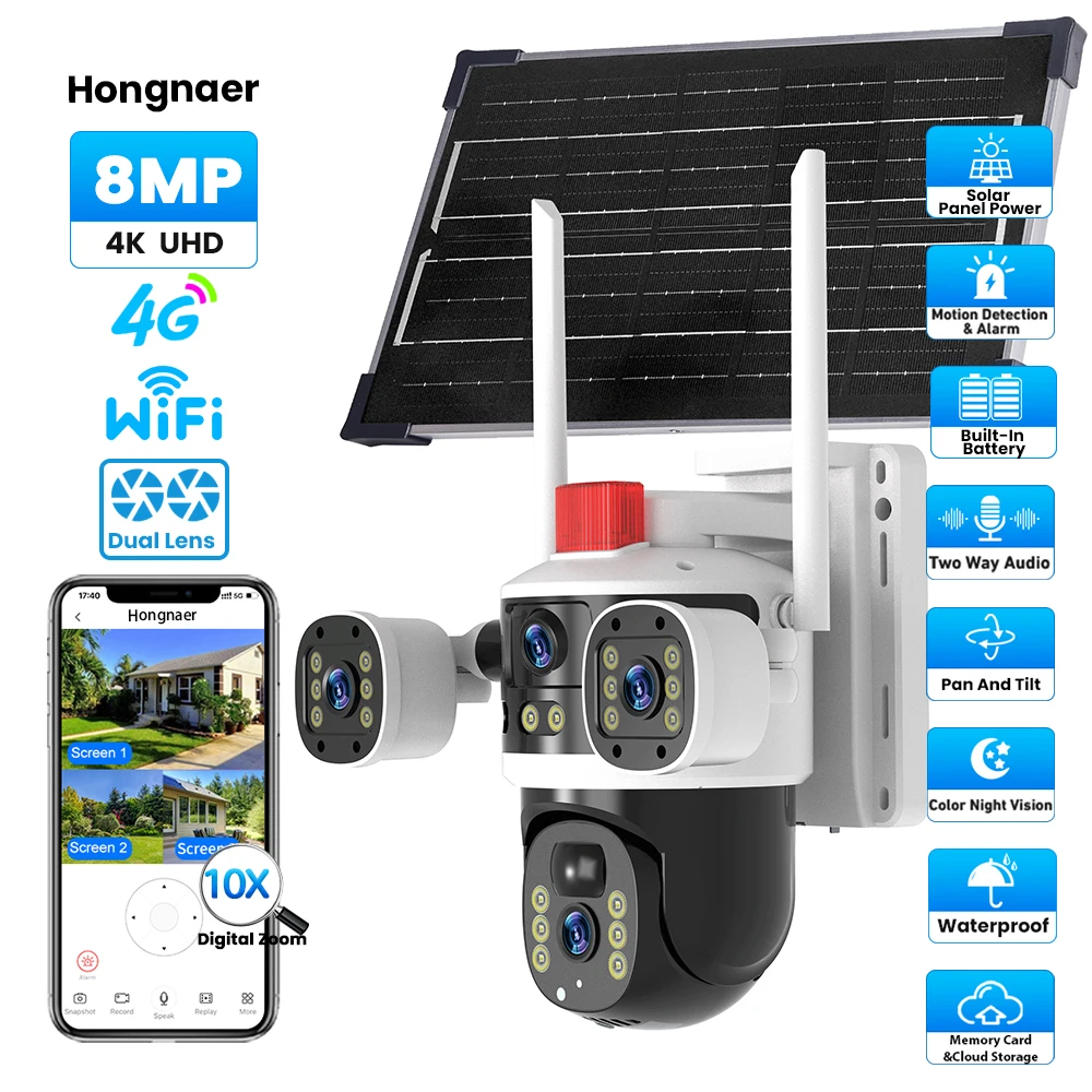 Hongnaer 8MP 4K WiFi/4G لوحة طاقة شمسية لاسلكية تعمل بالطاقة HD PTZ IP CCTV عدسة مزدوجة الأمن 4G بطاقة Sim كاميرا تعمل بالطاقة الشمسية