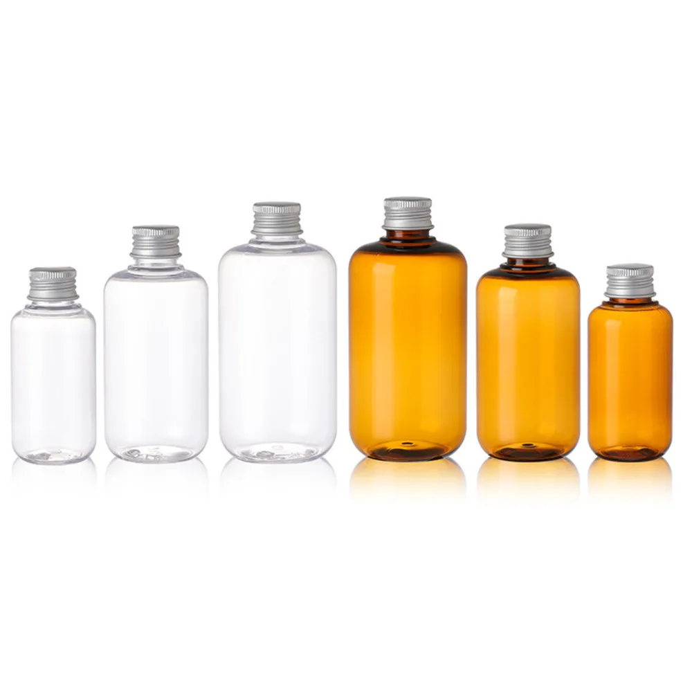 Mingguan aluminum cap 100ML200ML300ml PET transparent brown cosmetic packaging plastic bottle